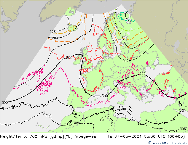 Height/Temp. 700 hPa Arpege-eu Tu 07.05.2024 03 UTC