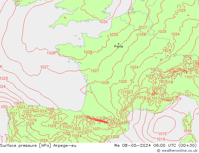 Presión superficial Arpege-eu mié 08.05.2024 06 UTC