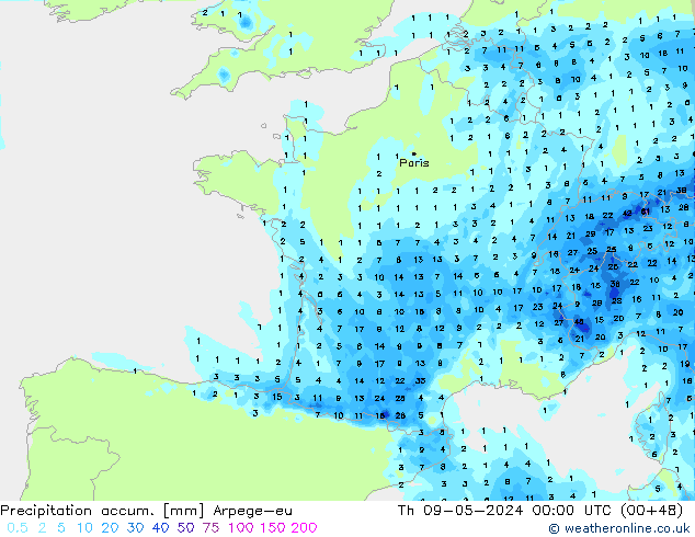 Precipitation accum. Arpege-eu Th 09.05.2024 00 UTC