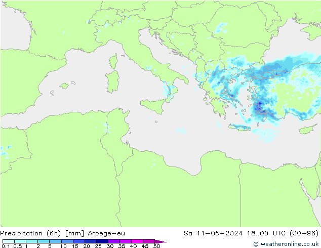 Precipitación (6h) Arpege-eu sáb 11.05.2024 00 UTC