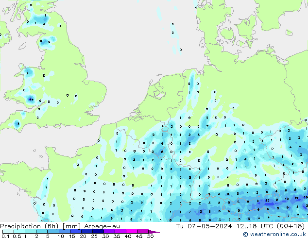 Precipitation (6h) Arpege-eu Út 07.05.2024 18 UTC
