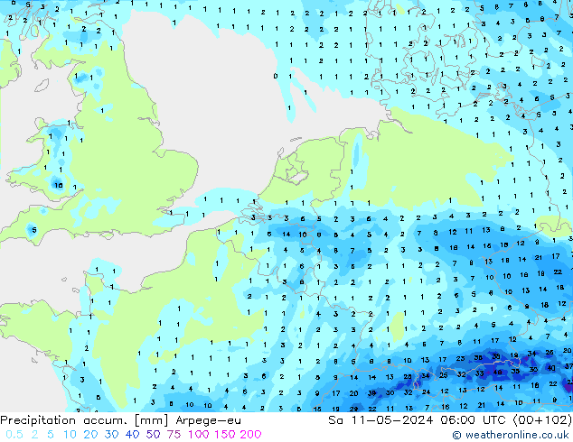 Precipitation accum. Arpege-eu sab 11.05.2024 06 UTC