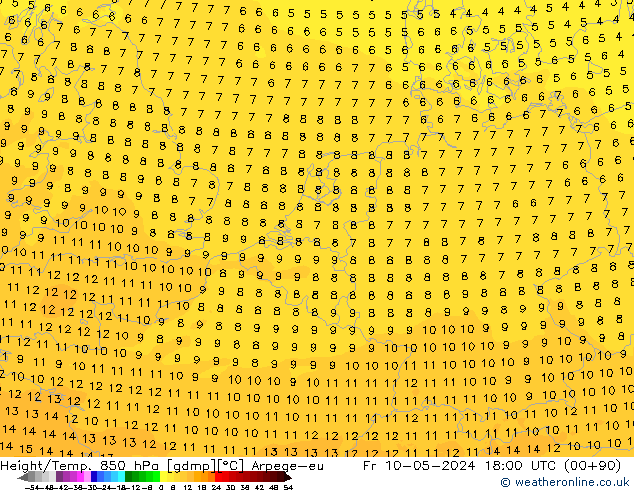 Hoogte/Temp. 850 hPa Arpege-eu vr 10.05.2024 18 UTC