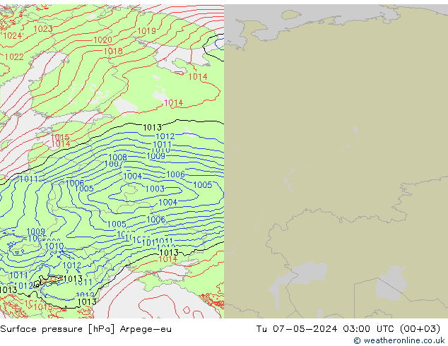 Surface pressure Arpege-eu Tu 07.05.2024 03 UTC