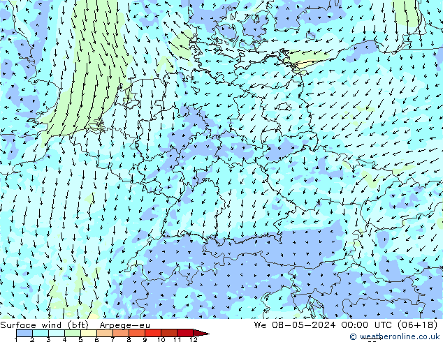 Surface wind (bft) Arpege-eu We 08.05.2024 00 UTC