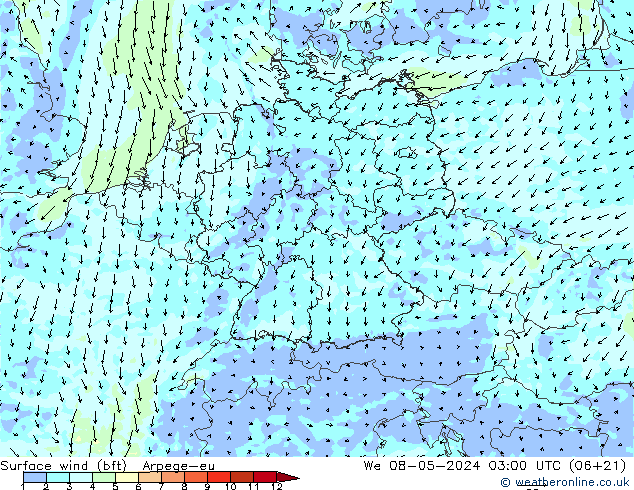 Viento 10 m (bft) Arpege-eu mié 08.05.2024 03 UTC