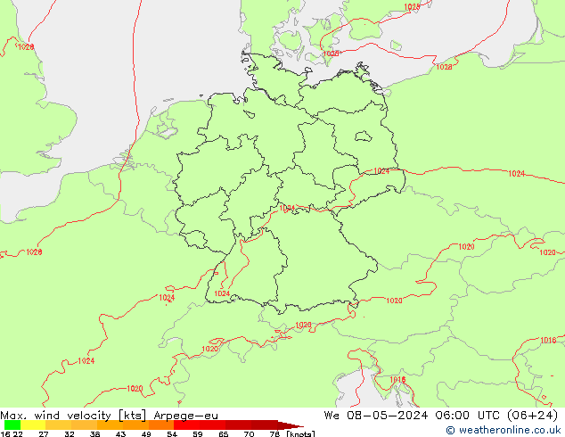 Max. wind velocity Arpege-eu  08.05.2024 06 UTC