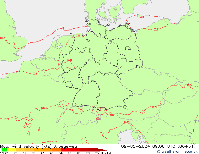 Max. wind velocity Arpege-eu Th 09.05.2024 09 UTC