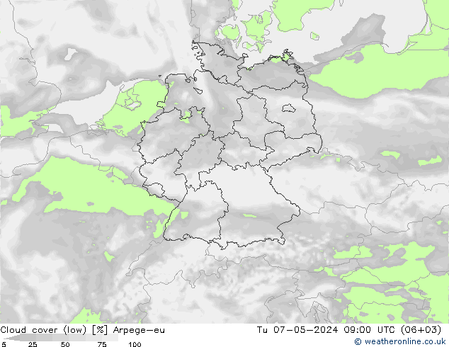 Cloud cover (low) Arpege-eu Tu 07.05.2024 09 UTC