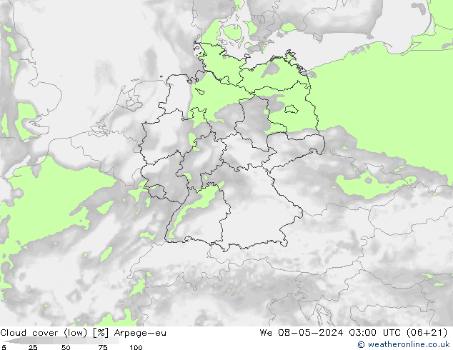 Bewolking (Laag) Arpege-eu wo 08.05.2024 03 UTC