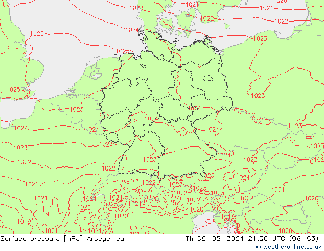 Presión superficial Arpege-eu jue 09.05.2024 21 UTC