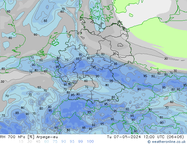 RH 700 hPa Arpege-eu Tu 07.05.2024 12 UTC