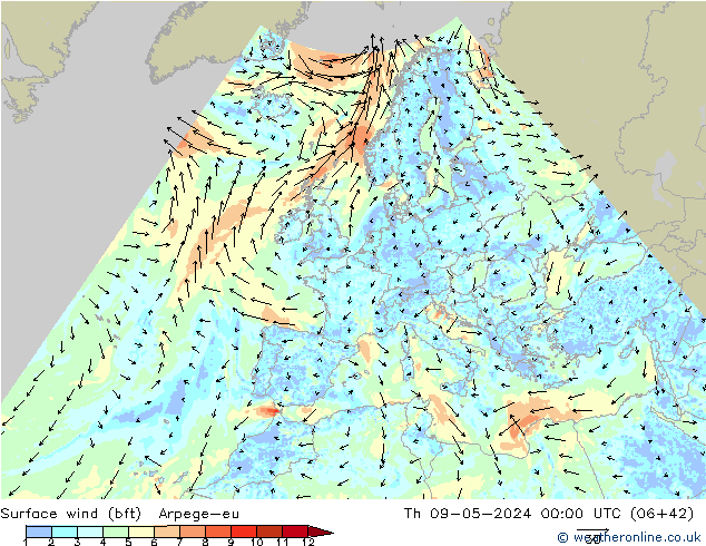 Surface wind (bft) Arpege-eu Th 09.05.2024 00 UTC
