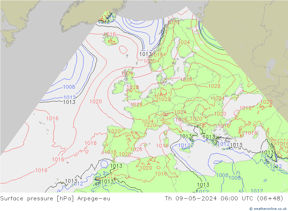 Surface pressure Arpege-eu Th 09.05.2024 06 UTC