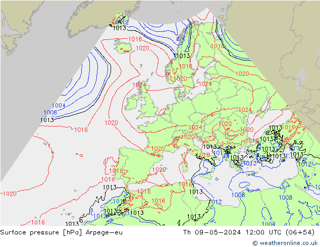 Surface pressure Arpege-eu Th 09.05.2024 12 UTC