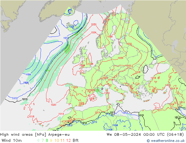 High wind areas Arpege-eu We 08.05.2024 00 UTC