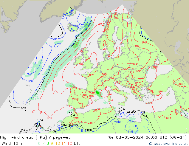 High wind areas Arpege-eu Qua 08.05.2024 06 UTC
