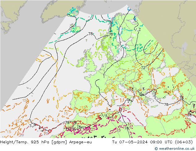 Géop./Temp. 925 hPa Arpege-eu mar 07.05.2024 09 UTC