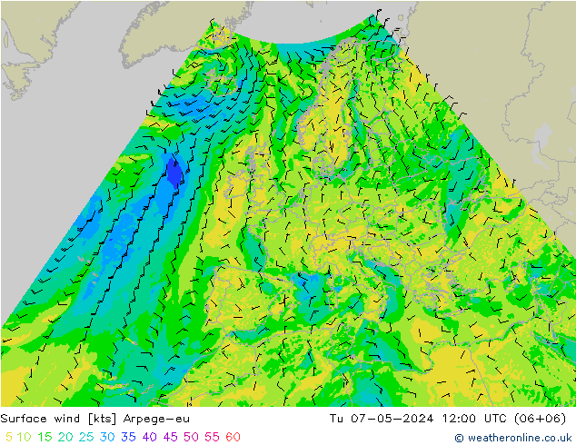 wiatr 10 m Arpege-eu wto. 07.05.2024 12 UTC