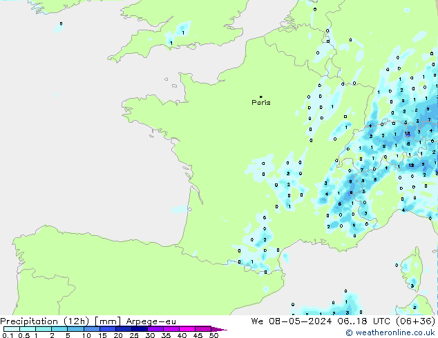 Precipitación (12h) Arpege-eu mié 08.05.2024 18 UTC