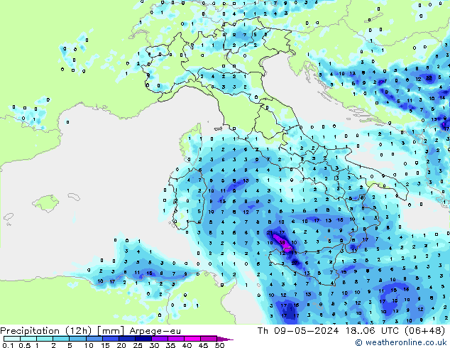 осадки (12h) Arpege-eu чт 09.05.2024 06 UTC