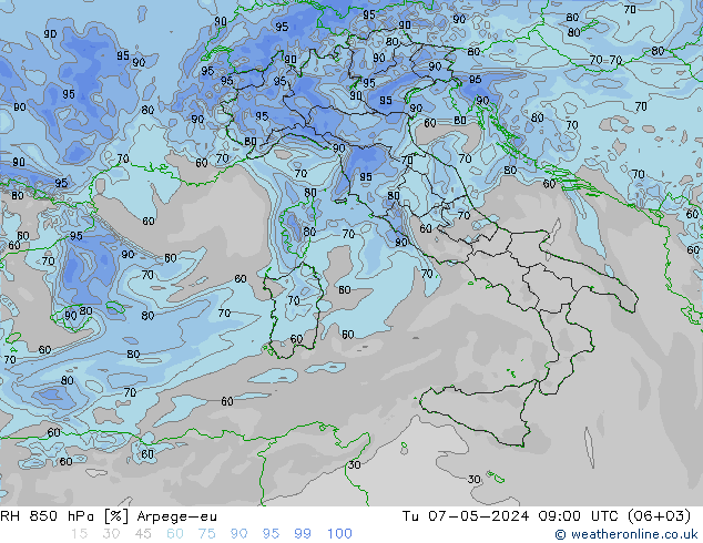 RH 850 гПа Arpege-eu вт 07.05.2024 09 UTC