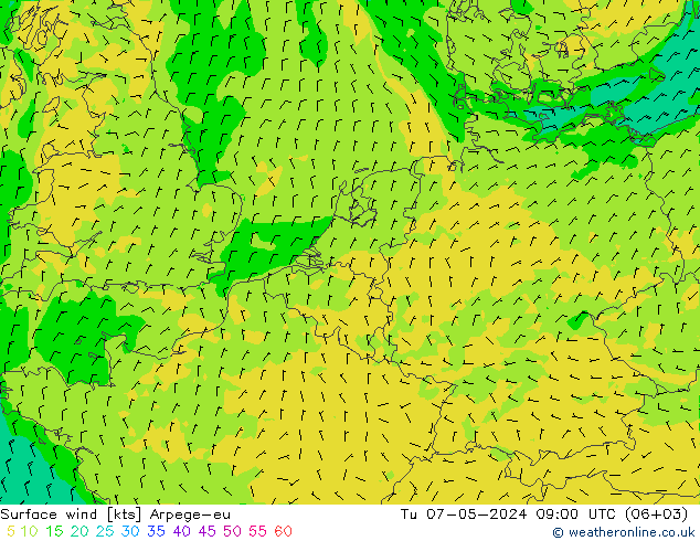 Surface wind Arpege-eu Tu 07.05.2024 09 UTC