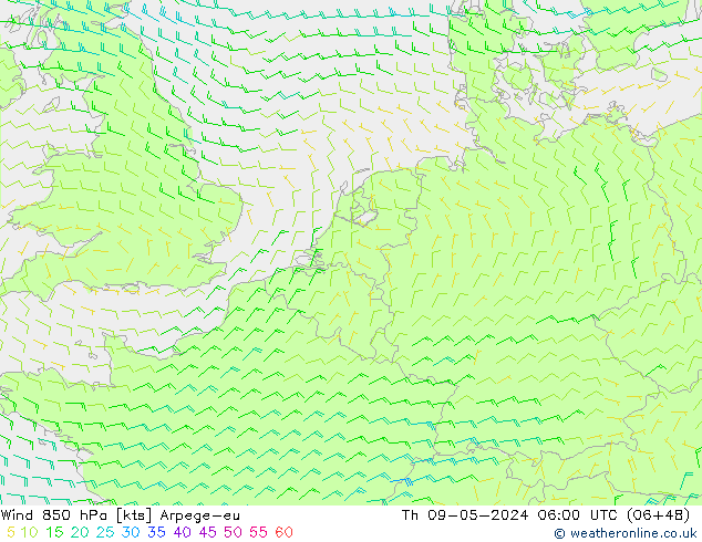 Wind 850 hPa Arpege-eu Čt 09.05.2024 06 UTC
