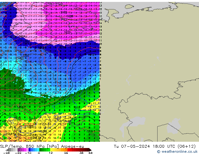 SLP/Temp. 850 hPa Arpege-eu Út 07.05.2024 18 UTC