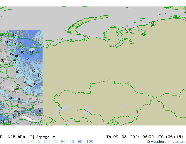 RH 925 hPa Arpege-eu Qui 09.05.2024 06 UTC