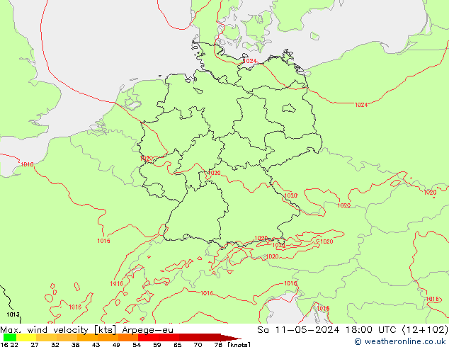 Max. wind velocity Arpege-eu sáb 11.05.2024 18 UTC