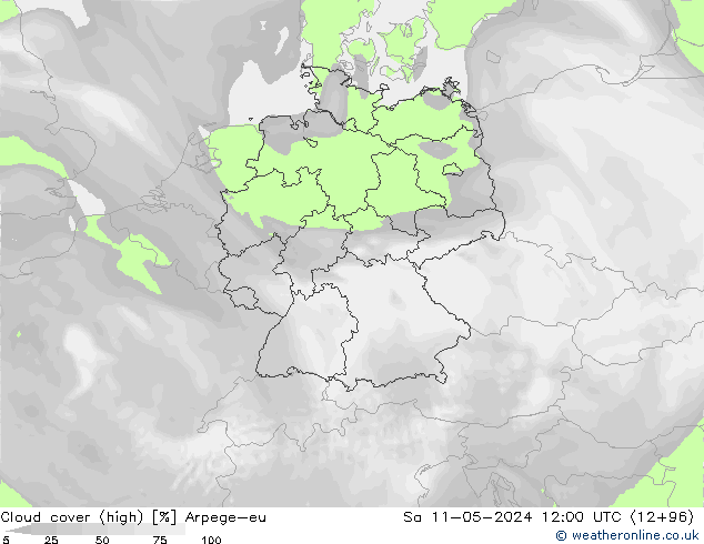 Cloud cover (high) Arpege-eu Sa 11.05.2024 12 UTC