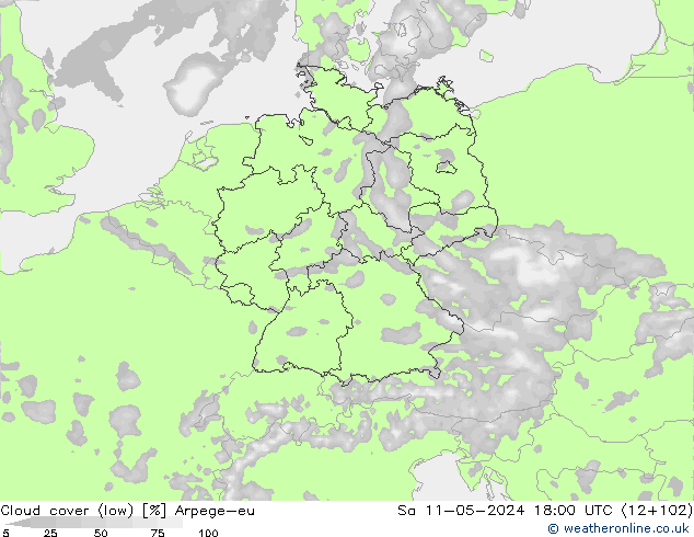 Cloud cover (low) Arpege-eu Sa 11.05.2024 18 UTC