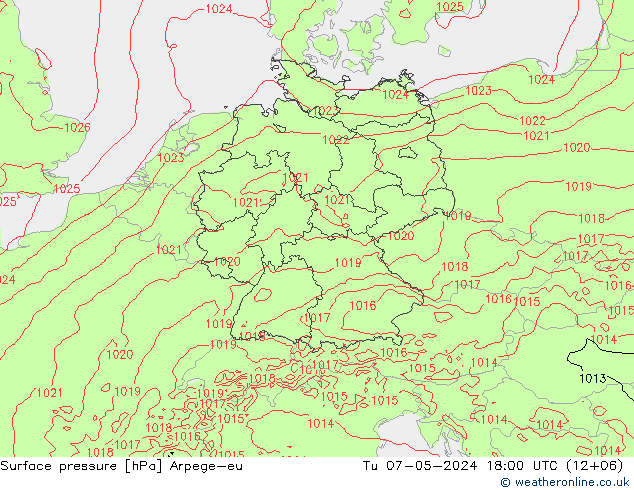 Surface pressure Arpege-eu Tu 07.05.2024 18 UTC