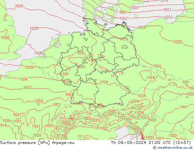 Atmosférický tlak Arpege-eu Čt 09.05.2024 21 UTC