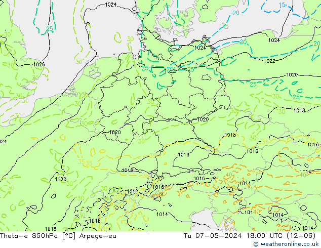 Theta-e 850hPa Arpege-eu mar 07.05.2024 18 UTC