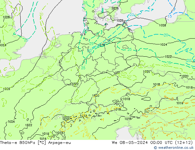 Theta-e 850hPa Arpege-eu  08.05.2024 00 UTC