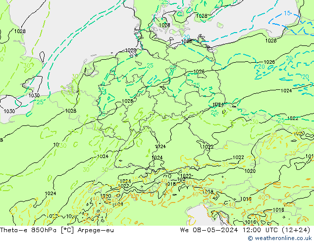 Theta-e 850hPa Arpege-eu  08.05.2024 12 UTC