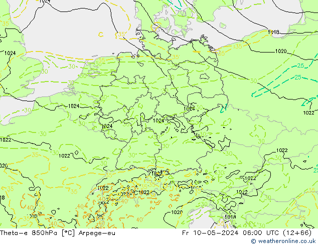 Theta-e 850hPa Arpege-eu Pá 10.05.2024 06 UTC