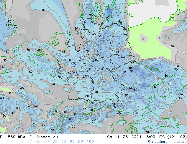 Humidité rel. 850 hPa Arpege-eu sam 11.05.2024 18 UTC