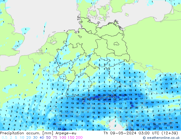 Precipitation accum. Arpege-eu Th 09.05.2024 03 UTC