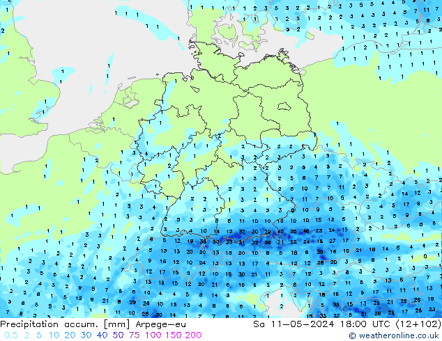 Precipitation accum. Arpege-eu Sa 11.05.2024 18 UTC