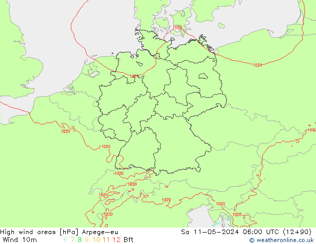 High wind areas Arpege-eu sáb 11.05.2024 06 UTC