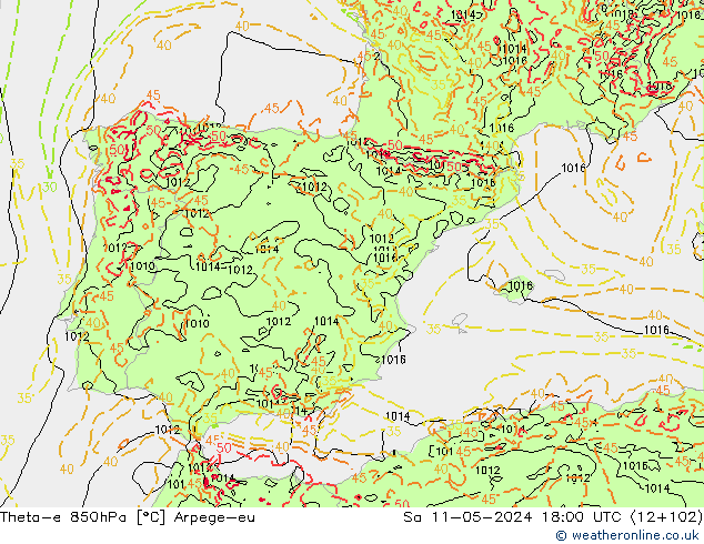 Theta-e 850hPa Arpege-eu So 11.05.2024 18 UTC