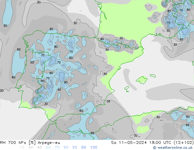 Humedad rel. 700hPa Arpege-eu sáb 11.05.2024 18 UTC
