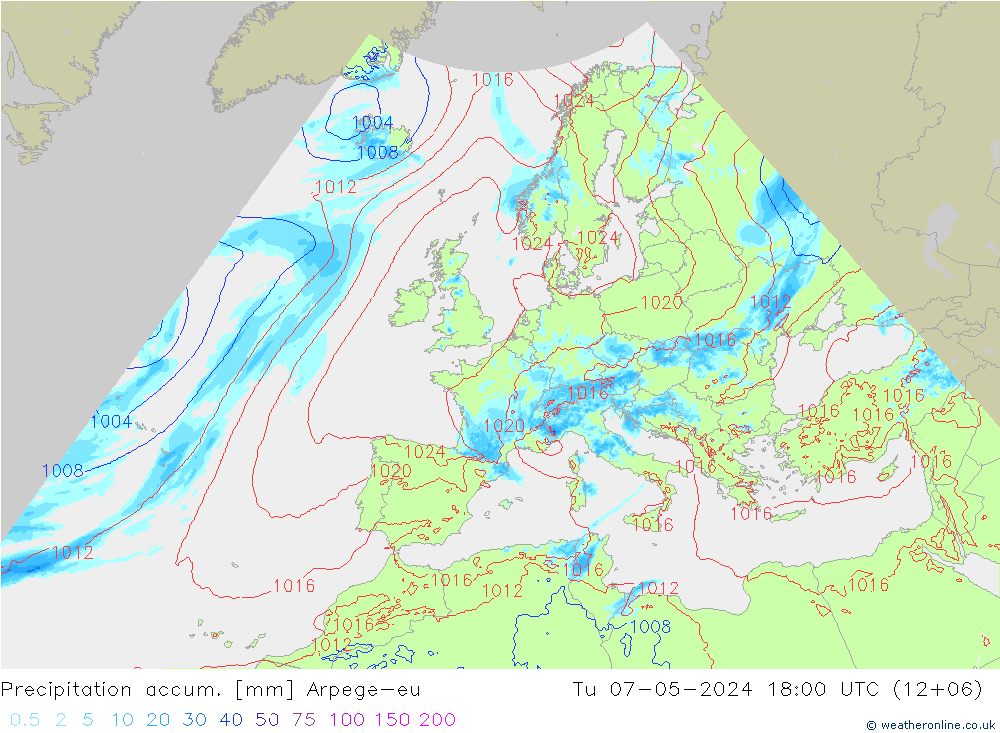 Precipitation accum. Arpege-eu Út 07.05.2024 18 UTC