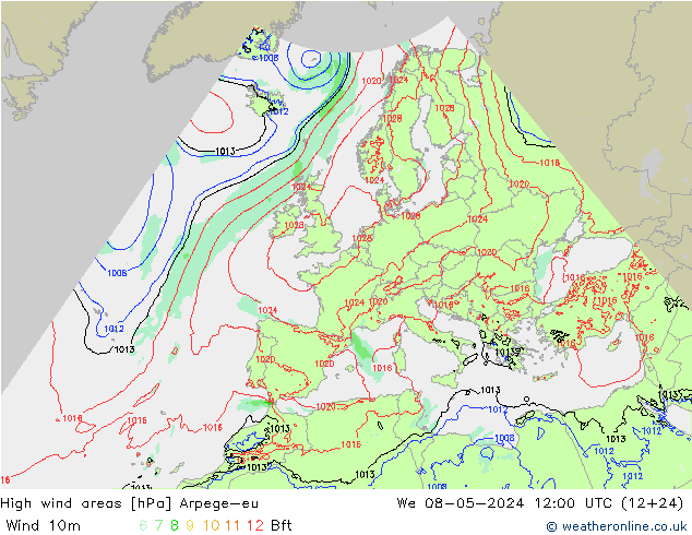 High wind areas Arpege-eu We 08.05.2024 12 UTC