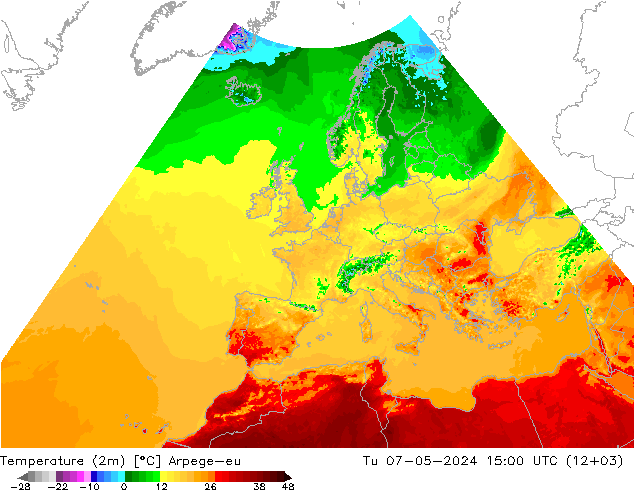 Temperature (2m) Arpege-eu Tu 07.05.2024 15 UTC