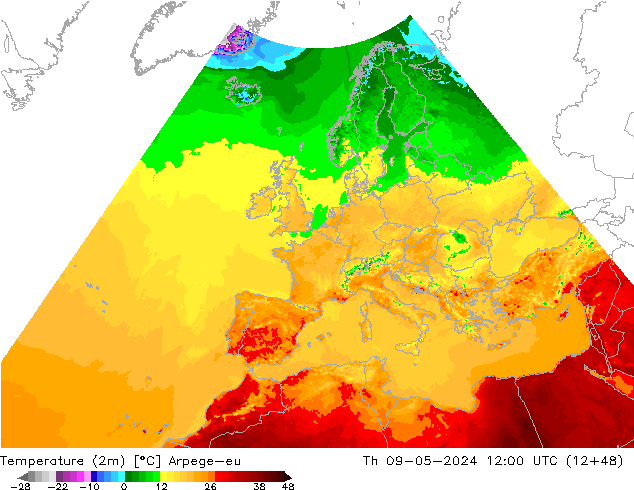 Temperature (2m) Arpege-eu Th 09.05.2024 12 UTC