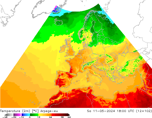 Temperaturkarte (2m) Arpege-eu Sa 11.05.2024 18 UTC